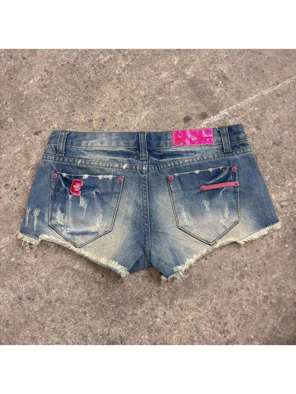 Vintage Y2K Low Rise Denim Micro Shorts Sandblasted Pink Details